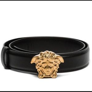 Versace black medusa leather gold buckle belt